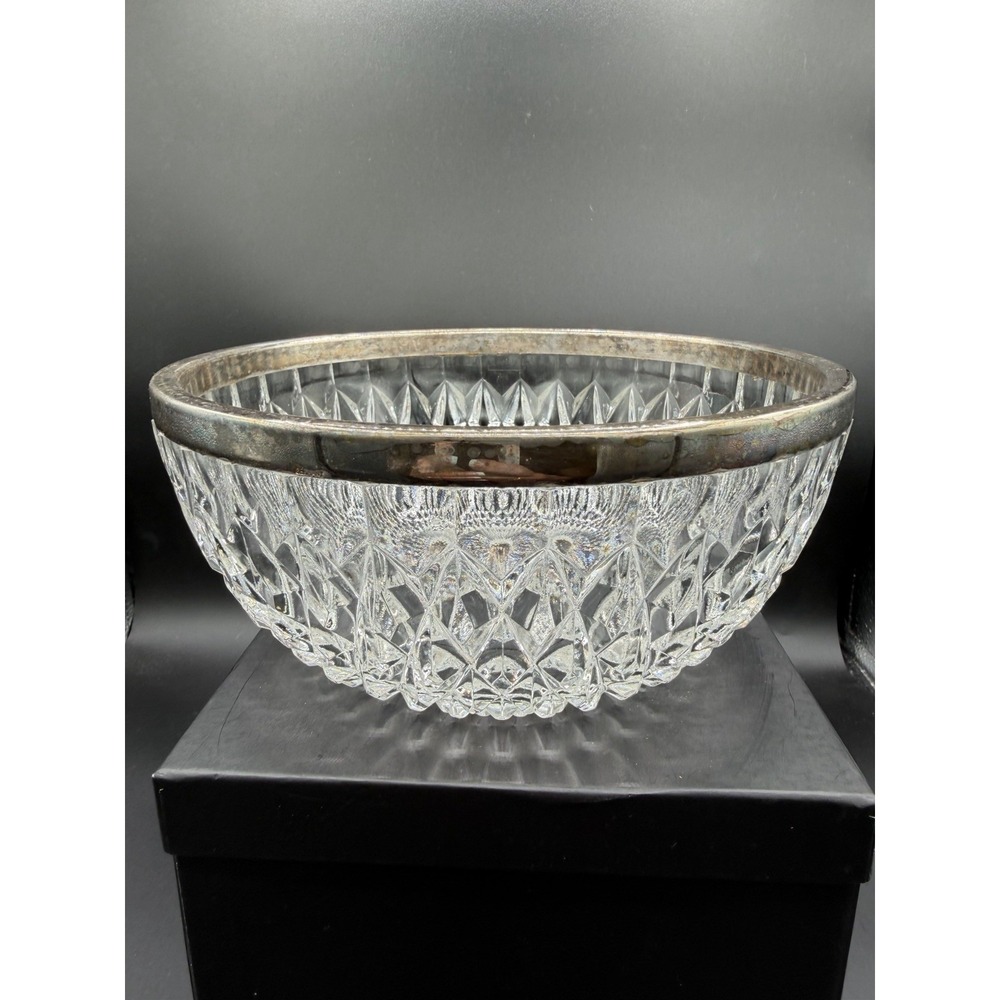 ✨🇩🇪 Vintage Pressed Glass Bowl w/ Silverplate Rim – Germany–MC Diamond Pattern - Picture 1 of 8